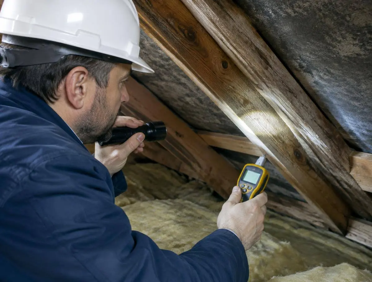 Engineer checking roof timbers for damp with a moisture meter